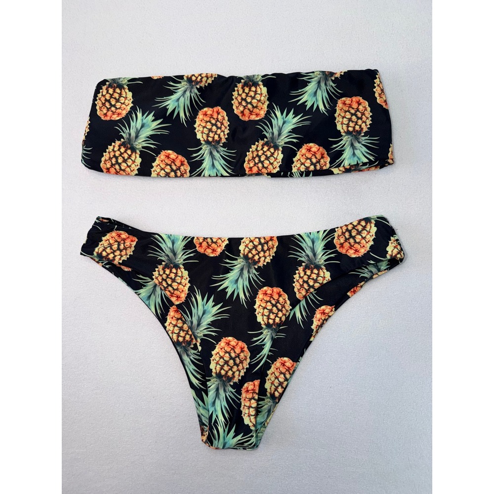Zaful Bikini Set Pineapple Print Bandeau Strapless High Cut Leg Tropical Black M